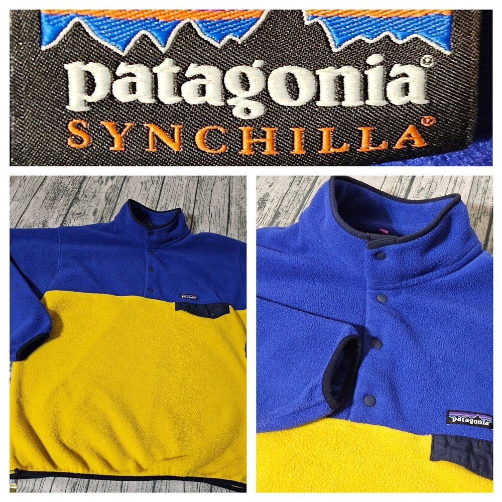Patagonia Men's Synchilla Snap-T Fleece Pullover Sweater Blue Yellow Size L